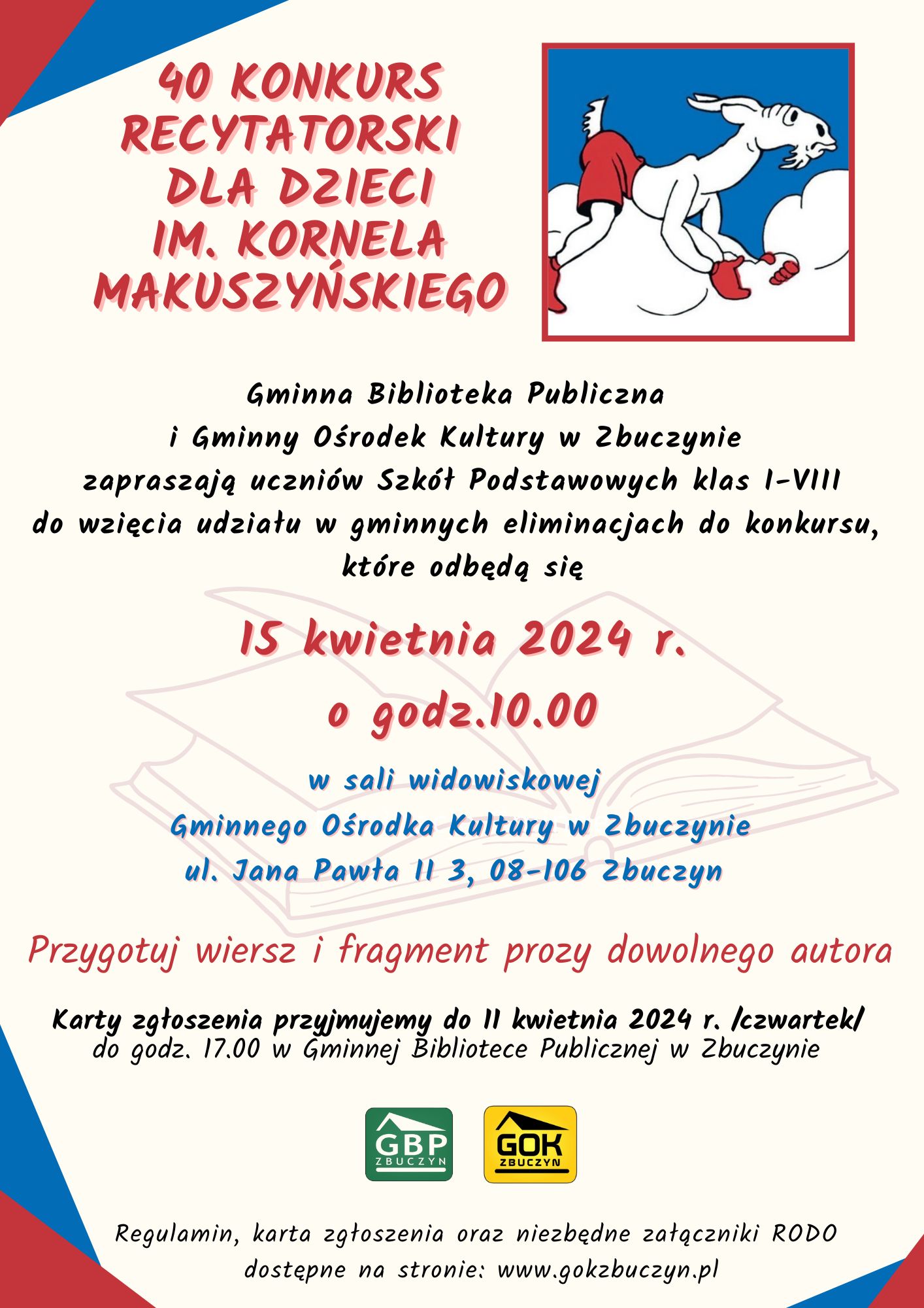 Plakat informujący o czterdziestym Konkursie Recytatorskim dla Dzieci imienia Kornela Makuszyńskiego - rok 2024